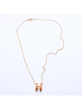 Hermes Pop H Necklace Orange Lacquer Oval Forme Brass Gold Pendant